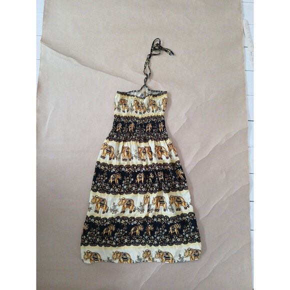 Elephant Boho Hippie Knee Length Dress Small Smocked Halter Top Festival Beach - Picture 6 of 6